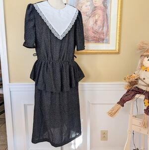 Vintage KR NY Polka Dot Peplum Lace Plastron Front Short Sleeve Midi Dress